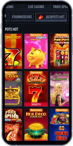 Lobby mobile de Mafia Casino affichant les meilleurs jeux, les nouvelles sorties et la section paris sportifs