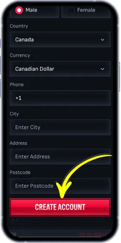 Mafia Casino account creation form - phone, city, address, postcode fields and Create Account button