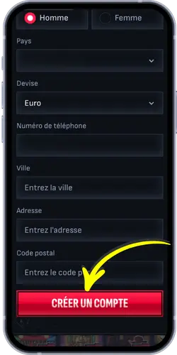Formulaire de création de compte Mafia Casino - champs téléphone, ville, adresse, code postal et bouton Créer un compte