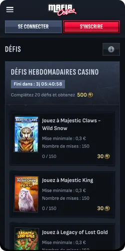 Défis hebdomadaires et missions sur Mafia Casino France
