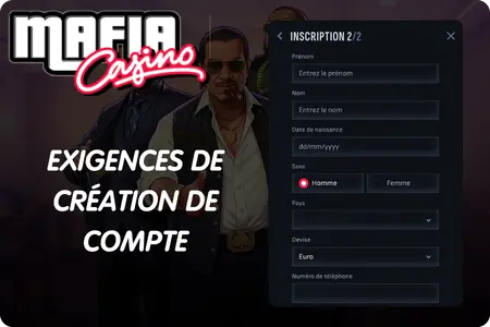 Étape 2 du formulaire d'inscription Mafia Casino avec nom, date de naissance et champs devise euro