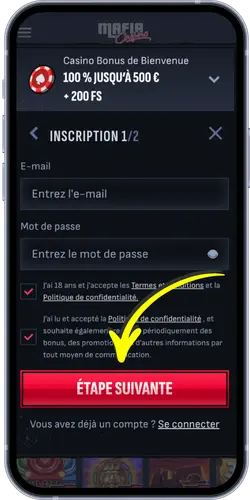 Étape 1 de l'inscription sur Mafia Casino - champs e-mail et mot de passe sur mobile