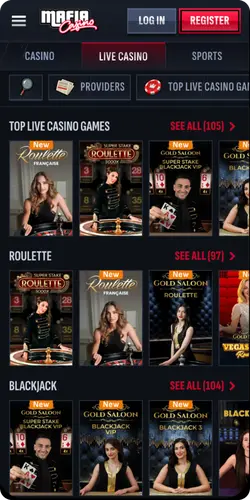 Live casino tables section at Mafia Casino