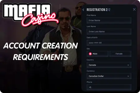 Mafia Casino registration form step 2 with name, date of birth and Canadian dollar fields