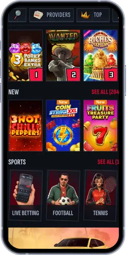 Mafia Casino mobile lobby showing top games, new releases, and sports betting sections