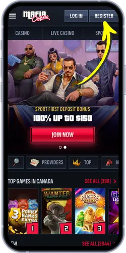 Mafia Casino official home page on mobile showing Login and Register buttons