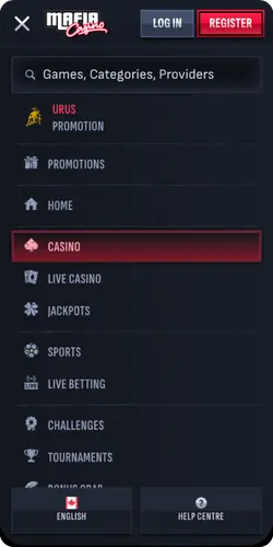 Mafia Casino main menu sections on mobile