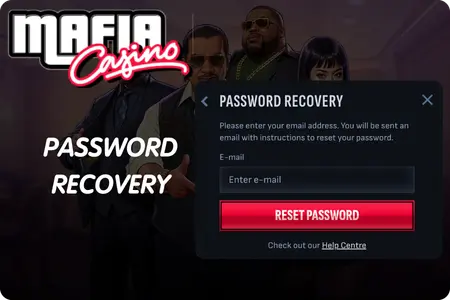 Mafia Casino password reset screen with email input field and reset button