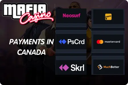 Mafia Casino accepted payment logos - Neosurf, Interac, PsCrd, Mastercard, Skrill, MuchBetter