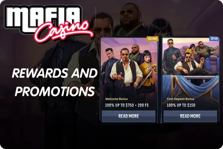Mafia Casino welcome bonus card and sport first deposit bonus card side by side