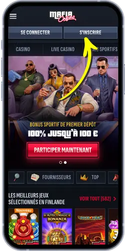Page d'accueil officielle de Mafia Casino sur mobile avec les boutons Connexion et Inscription
