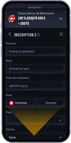 Étape 2 de l'inscription sur Mafia Casino - prénom, nom, date de naissance, pays France, devise euro