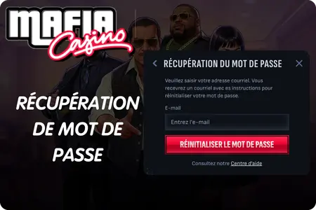 Écran de réinitialisation du mot de passe Mafia Casino avec champ e-mail et bouton de réinitialisation