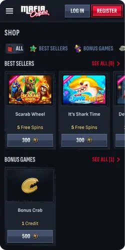 Mafia Casino bonus shop with coins and rewards