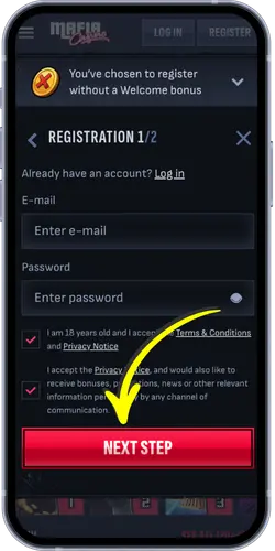 Mafia Casino registration step 1 of 2 - email and password fields on mobile